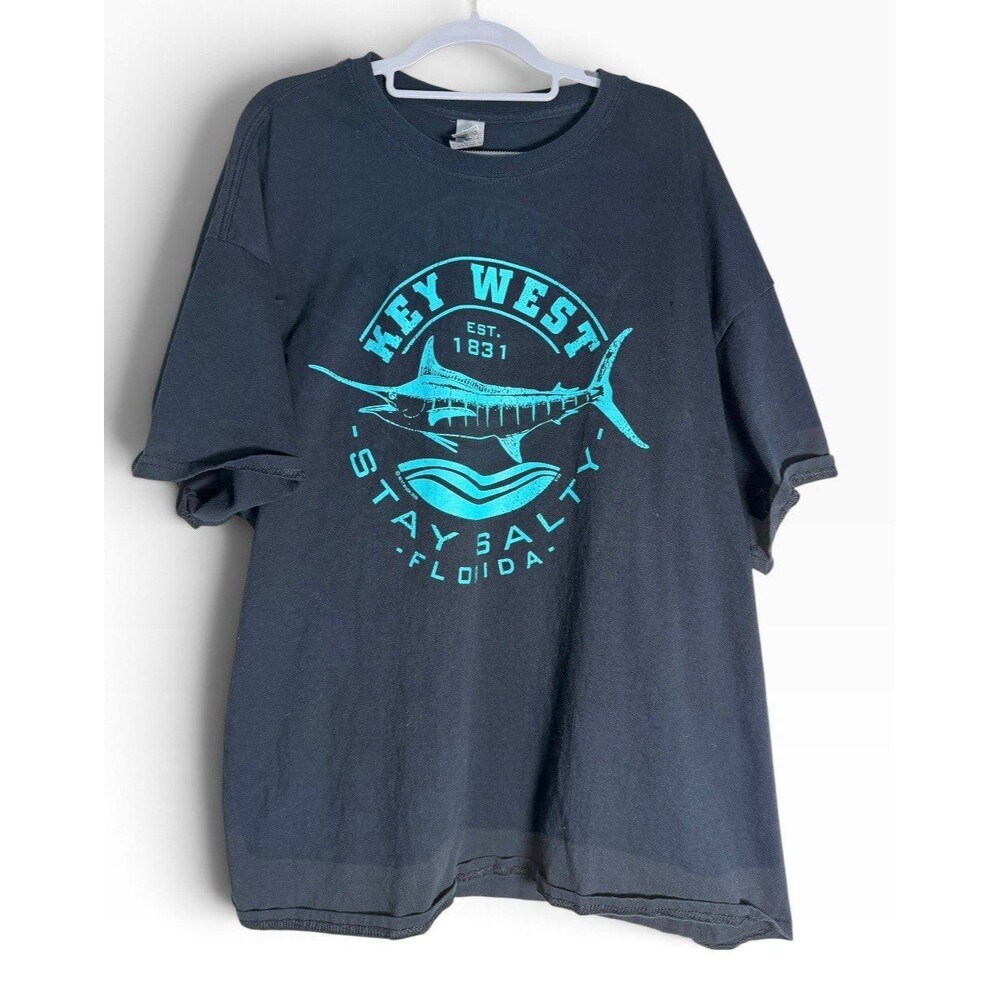 Key West Florida Stay Salty Fish Black T Shirt Short Sleeve Gildan Mens 3XL